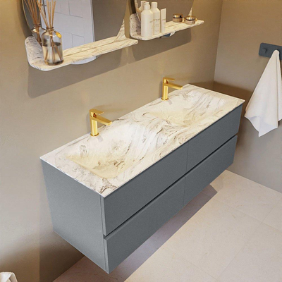 MONDIAZ VICA-DLUX Ensemble meuble de salle de bains - 130cm - meuble bas plata - 4 tiroirs - lavabo encastré cloud double - 2 trous de robinet - version haute 60cm - glace