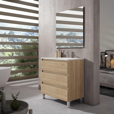 Adema Chaci PLUS Ensemble de meuble - 79.5x86x45.9cm - 1 vasque rectangulaire en céramique Blanc - 1 trou de robinet - 3 tiroirs - miroir rectangulaire - Cannelle