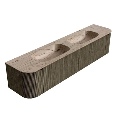 MONDIAZ KURVE-DLUX Meuble de salle de bains 200cm arrondi Gauche + Droite couleur Shadow avec 2 tiroirs et 2 portes. Lavabo STOR SMALL Double sans trou de robinet Arena.