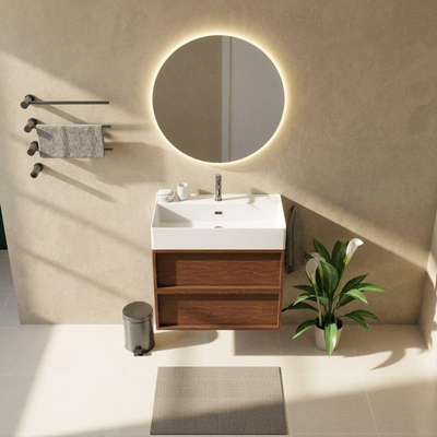 Saniclass Holz Frame Ensemble meuble de salle de bains - 80x45x72cm - lavabo Legend en céramique blanc - 1 vasque - 1 trou de robinetterie - 2 tiroirs - mat walnut pure (bois)