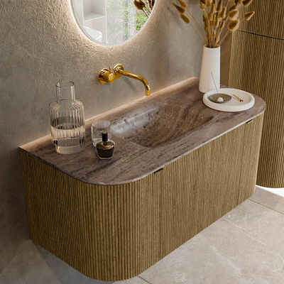 MONDIAZ KURVE-DLUX Meuble de salle de bains 100cm arrondi gauche + droite couleur Dusk avec 1 tiroir et 2 portes. Vasque GRUNNE centrale sans trou de robinet Oza.