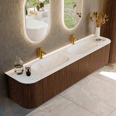 MONDIAZ KURVE-DLUX 200cm Meuble salle de bain avec module 25 G et D - couleur Walnut - 2 tiroirs - 2 portes - vasque STOR SMALL double - 2 trous de robinet - couleur Opalo