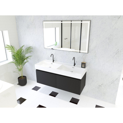 HR Matrix ensemble meuble de salle de bain 3d 120cm 2 tiroirs sans poignée avec bandeau couleur noir mat avec vasque kube double 2 trous de robinetterie blanc