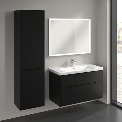 Villeroy & Boch Subway 3.0 Badkamerkast - opbouw - 45x35x170cm - 1 linksdraaiende softclose deur - volcano Black greep - spaanplaat - volcano black