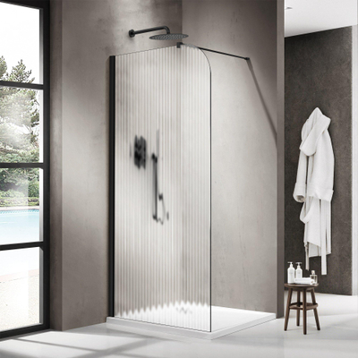 FugaFlow Eccelente Douche à l’italienne en verre - 110x200cm - paroi en verre arrondie - gauche - verre strié - bras mural - noir mat