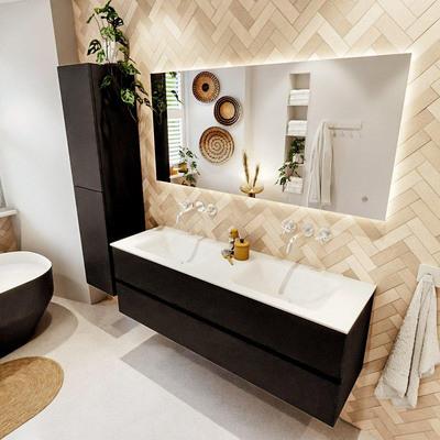 MONDIAZ VICA meuble sous lavabo 150cm Urban 2 tiroirs. Lavabo CLOUD double sans trou de robinet, couleur Talc.