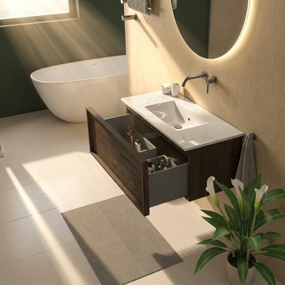 Saniclass Holz Frame Ensemble de meubles de salle de bains - 100x45x42cm - Vygo lavabo en céramique blanc - 1 vasque - sans trou de robinetterie - 1 tiroir - chêne charcoal mat (bois)