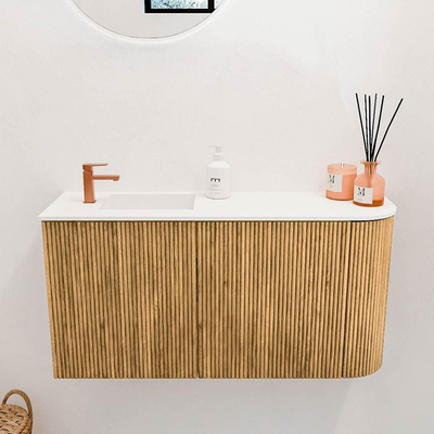 Mondiaz JOYA 81.6cm toiletmeubel - ronding rechts kleur Oak - Wastafel FAYE positie Links 1 kraangat kleur Talc.