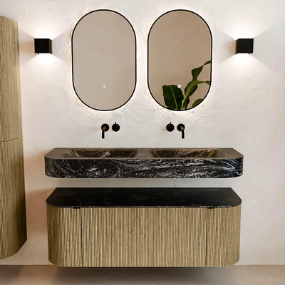 MONDIAZ THOR-DLUX 130cm meuble de salle de bains arrondi gauche + droite couleur Dusk avec 1 tiroir et 2 portes. Vasque suspendue CLOUD Double sans trou de robinet couleur Lava.