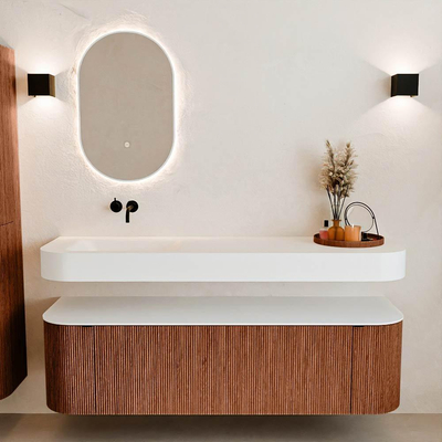 MONDIAZ THOR Meuble de salle de bains 160cm arrondi gauche + droite couleur Ruby avec 1 tiroir et 2 portes. Vasque suspendue CLOUD Gauche sans trou de robinet couleur Talc.