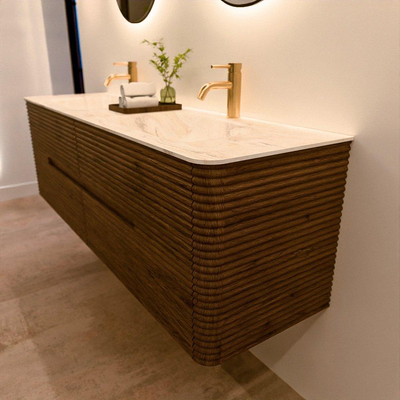 Mondiaz CIRO-DLUX Badkamermeubelset - 160x45x50cm - Solid surface wastafel Ostra - 2 wasbak Dubbel - 2 kraangaten - 4 lades - Dusk