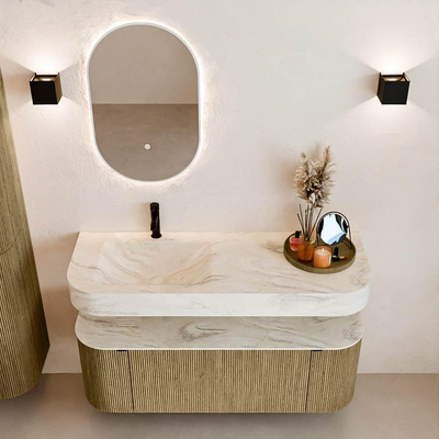 MONDIAZ THOR-DLUX 130cm meuble de salle de bains arrondi gauche + droite couleur Dusk avec 1 tiroir et 2 portes. Vasque suspendue CLOUD Gauche 1 trou de robinet couleur Ostra.