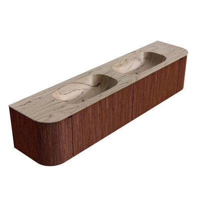 MONDIAZ KURVE-DLUX Meuble de salle de bains 200cm courbure Gauche + Droite couleur Ruby avec 2 tiroirs et 2 portes. Lavabo STOR SMALL Double sans trou de robinet Arena.