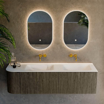 Mondiaz KURVE Ensemble de meuble de salle de bains - 155x46x40cm - 2 tiroirs - 1 porte - vasque solid surface - double / droite - sans trou de robinet - Shadow