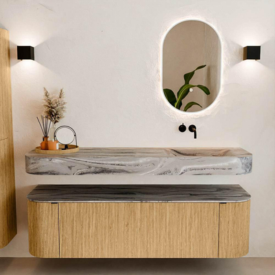 MONDIAZ THOR-DLUX 160cm meuble de salle de bains arrondi gauche + droite couleur Chêne avec 1 tiroir et 2 portes. Vasque suspendue CLOUD Droite sans trou de robinet couleur Sombra.