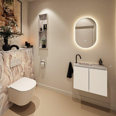 MONDIAZ TURE-DLUX Meuble de toilettes 60 cm Talc. Lavabo EDEN Glace position gauche. Avec 1 trou de robinet.