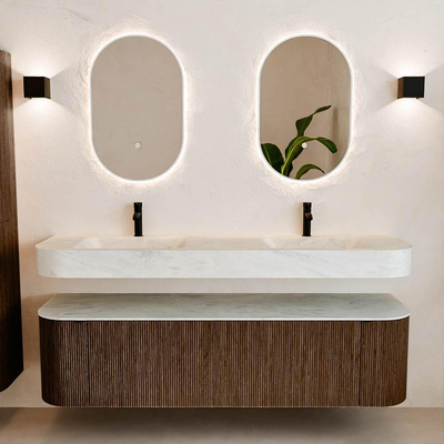 MONDIAZ THOR-DLUX Meuble de salle de bains - 170cm - arrondi gauche + droite - couleur Walnut - 1 tiroir et 2 portes - Lavabo suspendu CLOUD Double 2 trous de robinet - couleur Opalo