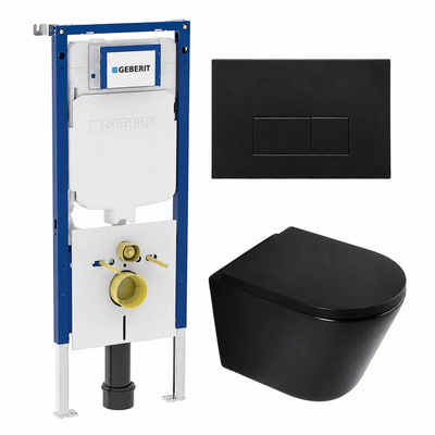 QeramiQ Dely Toiletset - 36.3x51.7cm - diepspoel - rimless - Geberit UP720 inbouwreservoir - softclose toilet zitting - 35mm - metaal mat zwarte bedieningsplaat - rechthoekige knoppen - mat zwart