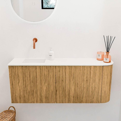 Mondiaz JOYA 101.6cm meuble de toilette - arrondi droite couleur Chêne - Vasque FAYE position Gauche Sans trou de robinet couleur Talc