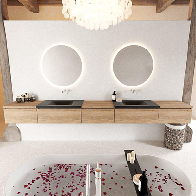 MONDIAZ BUKLA meuble de salle de bain 340cm avec module 60 couleur Chêne blanchi avec 5 tiroirs. Lavabo CLOUD double 0 trou de robinet couleur Urbain.