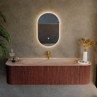 MONDIAZ KURVE-DLUX Meuble de salle de bains 170cm arrondi Gauche + Droite couleur Ruby avec 1 tiroir et 2 portes. Lavabo BIG LARGE Central 1 trou de robinet Saba.