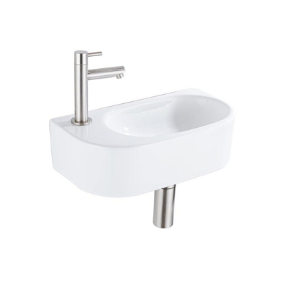 Fugaflow Efficiente Pietra Ensemble de lave-mains - 40x21.5x12cm - gauche - lisse - semi-circulaire - 1 trou de robinet - céramique - robinet de lave-mains inox brossé - bouchon de vidage - siphon abaissé - blanc brillant