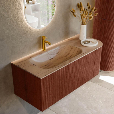 MONDIAZ KURVE-DLUX Meuble de salle de bains 115cm arrondi à droite couleur Ruby avec 1 tiroir et 1 porte. Lavabo BIG SMALL à gauche 1 trou de robinet Arena.