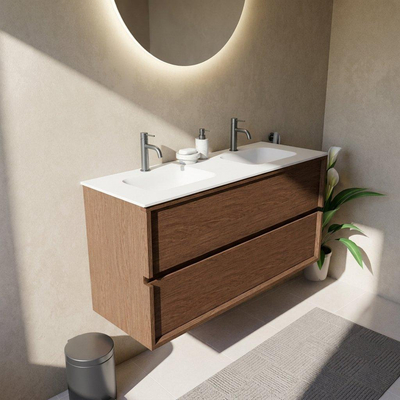 Saniclass Holz Frame Ensemble meuble de salle de bains - 120x45x61.5cm - Flow lavabo en solid surface blanc - 2 vasques - 2 trous de robinet - 2 tiroirs - mat walnut pure (bois)