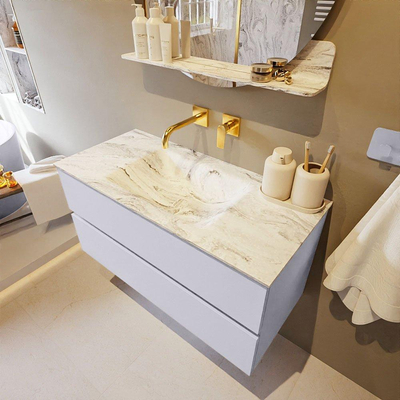 Mondiaz VICA-DLUX Ensemble de meuble de salle de bain - 100cm - meuble sous-vasque cale - 2 tiroirs - lavabo encastrée cloud milieu - sans trous de robinet - version haute de 60cm - glace