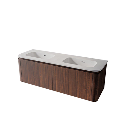 Saniclass Terra Ensemble meuble de salle de bain - 140x42x45,5 cm - lavabo céramique blanc brillant - 2 vasques - 4 tiroirs - Châtaignier (noyer)