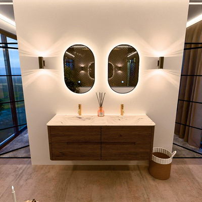 Mondiaz CIRO-DLUX Meuble de salle de bains - 140x45x50cm - Plan vasque solid surface Nata - 2 vasques Double - 2 perçages de robinetterie - 4 tiroirs - Dusk