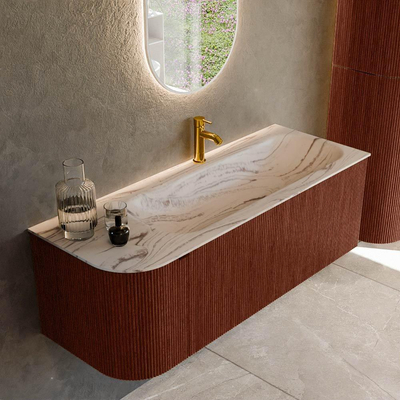 MONDIAZ KURVE-DLUX 125cm badmeubel ronding Links kleur Ruby met 1 lade en 1 deur. Wastafel BIG MEDIUM Rechts 1 kraangat Nata.