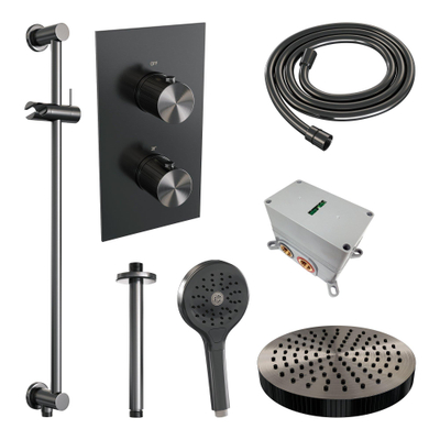 BRAUER Stripe Thermostatische Inbouw Regendouche - 3-weg - rechthoekig - SET 24 - 25cm douchekop - plafondarm - 3-standen handdouche - doucheslang - geïntegreerde glijstang - gunmetal geborsteld PVD