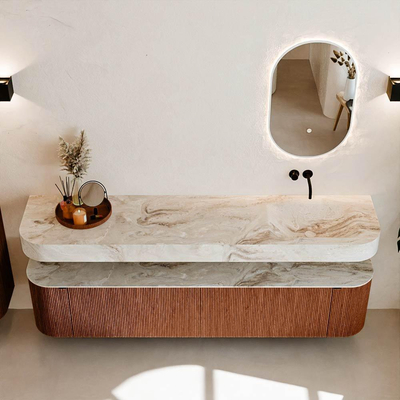 MONDIAZ THOR-DLUX 200cm meuble de salle de bains arrondi gauche + droite couleur Ruby avec 2 tiroirs et 2 portes. Vasque suspendue CLOUD Droite sans trou de robinet couleur Frappe.