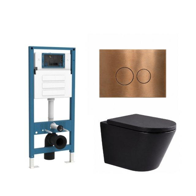 QeramiQ Dely Ensemble de toilette - réservoir encastré Qeramiq Flush - abattant 35mm - plaque de commande en cuivre métal - boutons ronds - noir mat