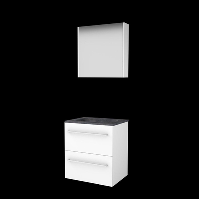 Basic-Line Comfort 46 ensemble de meubles de salle de bain 60x46cm avec poignées 2 tiroirs vasque en pierre dure 0 trous de robinetterie armoire de toilette mdf laqué blanc glacier