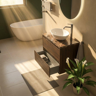 Saniclass Holz Pure Ensemble de meubles de salle de bains - 80x45x63cm - Noche plan de travail en pierre naturelle dark emperador - 1 trou de robinetterie - 2 tiroirs - chêne mat charcoal (bois)