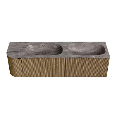 MONDIAZ KURVE-DLUX Meuble de salle de bains 165cm arrondi à gauche couleur Dusk avec 2 tiroirs et 1 porte. Lavabo STOR SMALL Double / Droite sans trou de robinet Oza.
