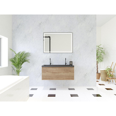 HR Matrix ensemble meuble de salle de bain 3d 100cm 1 tiroir sans poignée avec bandeau en coloris chêne français avec vasque djazz 2 trous de robinetterie noir mat