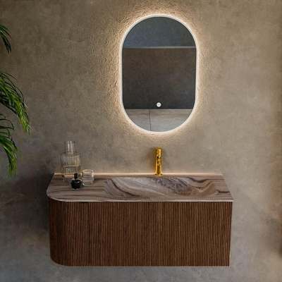 MONDIAZ KURVE-DLUX 105cm badmeubel ronding Links kleur Walnut met 1 lade en 1 deur. Wastafel BIG SMALL Rechts 1 kraangat Sombra.