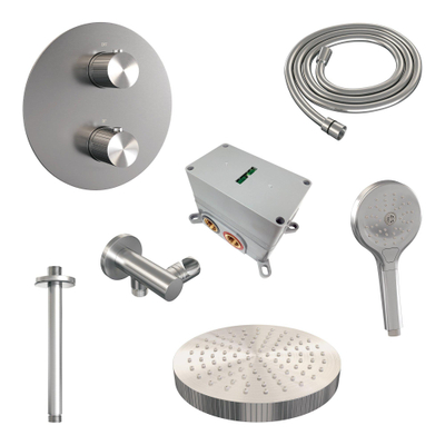 BRAUER Stripe Thermostatische Inbouw Regendouche - 3-weg - rond - SET 42 - 25cm douchekop - plafondarm - 3-standen handdouche - doucheslang - wandaansluitbocht - RVS-kleurig geborsteld PVD