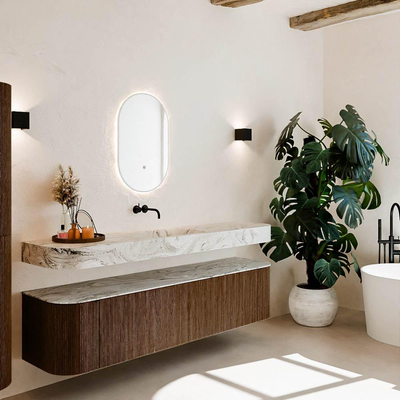 MONDIAZ THOR-DLUX Meuble de salle de bains 190cm arrondi gauche + droite couleur Walnut avec 2 tiroirs et 2 portes. Vasque suspendue CLOUD Milieu sans trou de robinet couleur Glace.