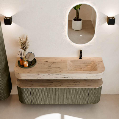 MONDIAZ THOR-DLUX 150cm meuble de salle de bains arrondi gauche + droite couleur Shadow avec 1 tiroir et 2 portes. Vasque suspendue CLOUD Droite 1 trou de robinet couleur Arena.