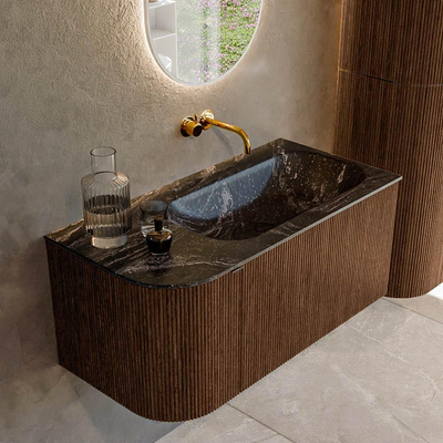 MONDIAZ KURVE-DLUX 95cm Meuble salle de bain avec module 25 G - couleur Walnut - 1 tiroir - 1 porte - vasque BIG SMALL droite - sans trou de robinet - couleur Lava