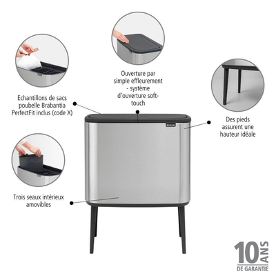 Brabantia Bo Touch Bin Afvalemmer - 3x11 liter - 3 kunststof binnenemmers - matt steel fingerprint proof