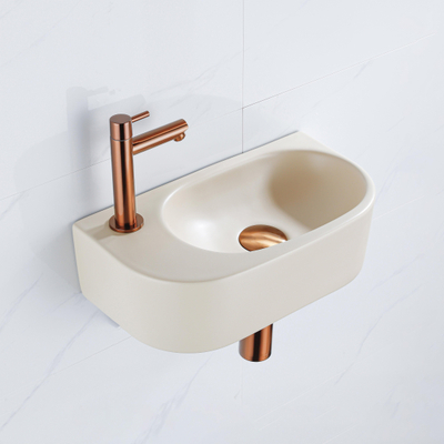 QeramiQ Fuente Fonteinset - 40x21.5x12cm - links - glad - halfrond - 1 kraangat - keramiek - fonteinkraan geborsteld koper - afvoerplug - verlaagd sifon - beige