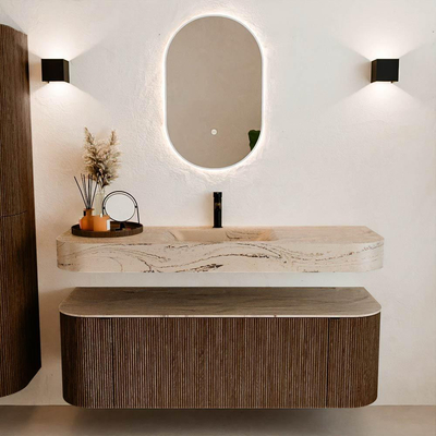MONDIAZ THOR-DLUX 140cm badmeubel ronding links + rechts kleur Walnut met 1 lade en 2 deuren. Vrijhangende wastafel CLOUD Midden 1 kraangat kleur Arena.