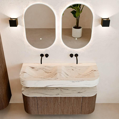 MONDIAZ THOR-DLUX 120cm badmeubel ronding links + rechts kleur Walnut met 1 lade en 2 deuren. Vrijhangende wastafel CLOUD Dubbel zonder kraangat kleur Nata.