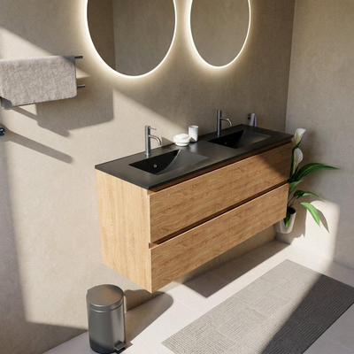 Saniclass Holz Pure Ensemble meuble de salle de bains - 140x45x62cm - Lavabo Vygo en céramique noir - 2 vasques - 2 trous de robinet - 4 tiroirs - chêne naturel mat (bois)
