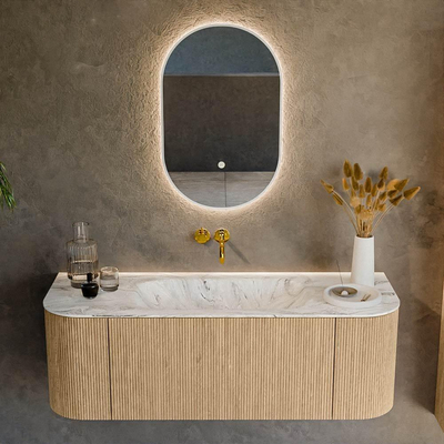 MONDIAZ KURVE-DLUX 130cm Meuble salle de bain avec module 25 G et D - couleur Oak - 1 tiroir - 2 portes - vasque BIG SMALL centre - sans trou de robinet - couleur Glace